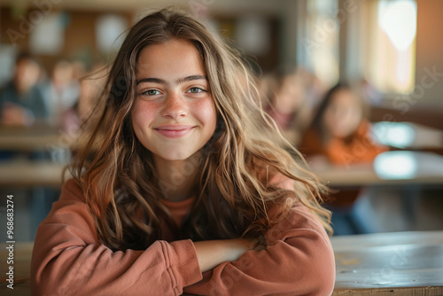 Teenage girl in a school classroom sitting at her desk during a lesson  smiling while studying with peers  focused on schoolwork and education.