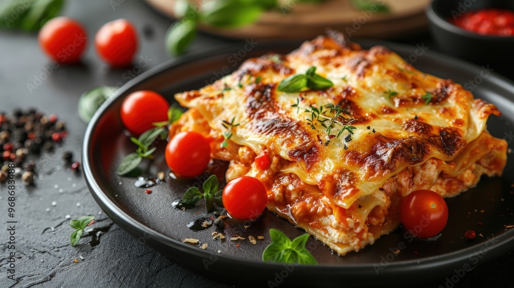 A close-up of a delicious lasagna with melted cheese, tomato sauce and basil on a plate with cherry tomatoes, peppercorns, and thyme. A close-up of a delicious lasagna with melted cheese, tomato sauce and basil on a plate with cherry tomatoes, peppercorns, and thyme.