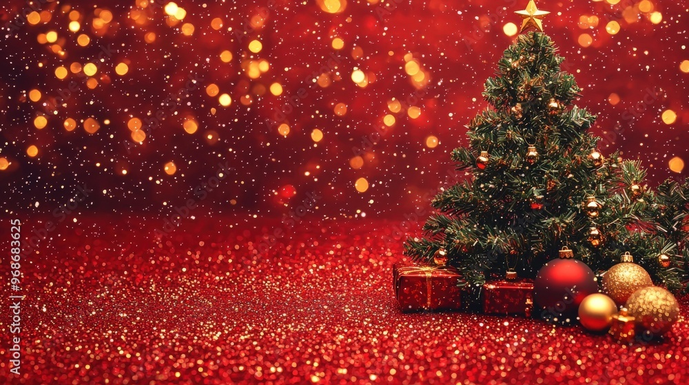 Christmas background with xmas tree and sparkle bokeh lights on red canvas, Merry Christmas card, winter holiday theme, space for text Christmas background with xmas tree and sparkle bokeh lights on red canvas, Merry Christmas card, winter holiday theme, space for text