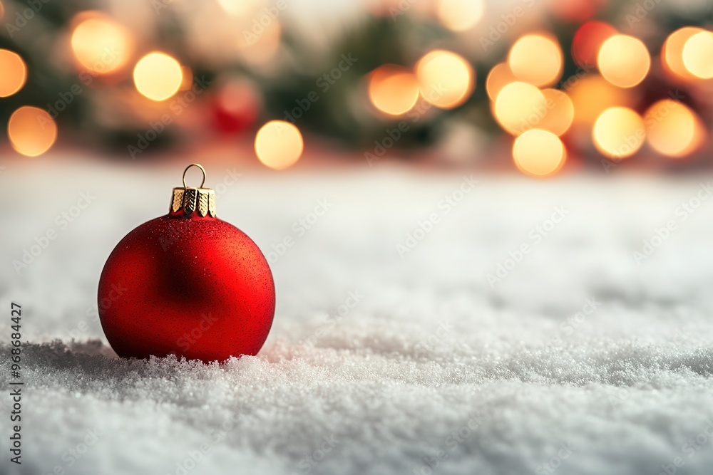 Red Christmas bauble in snow with blurred lights Red Christmas bauble in snow with blurred lights