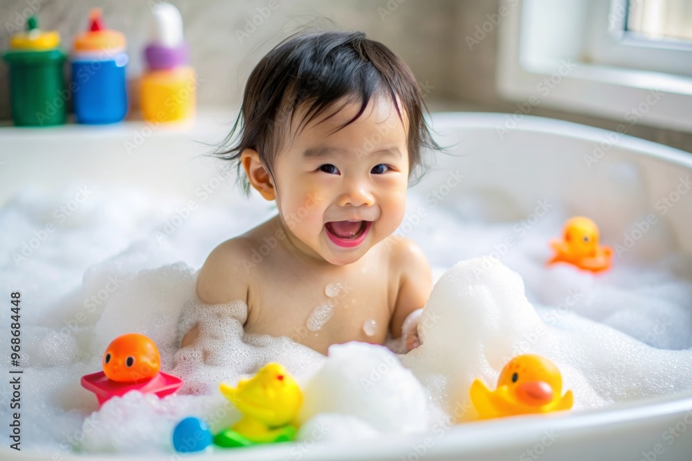 A baby Asian boy playing in a bathtub with her rubber duck and a sponge A baby Asian boy playing in a bathtub with her rubber duck and a sponge