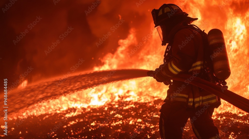 A firefighter battling intense flames, showcasing bravery and determination in a dangerous situation. A firefighter battling intense flames, showcasing bravery and determination in a dangerous situation.
