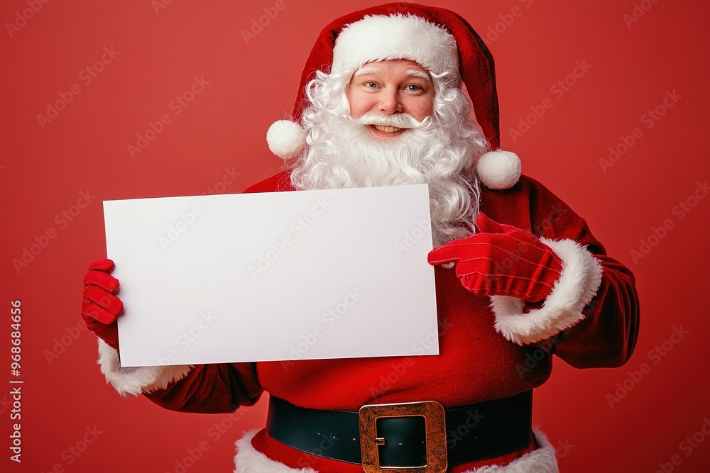 Cheerful Santa Claus holding blank sign with copy space Cheerful Santa Claus holding blank sign with copy space