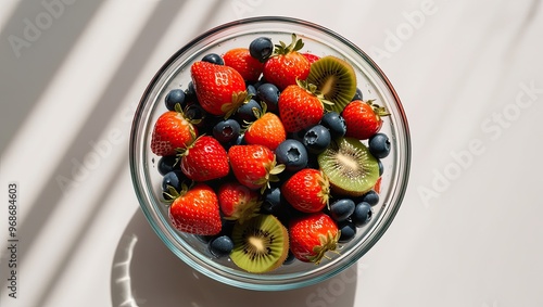 Fresh Fruit Sala in Glass Bowl with Sunlight Shaow photo