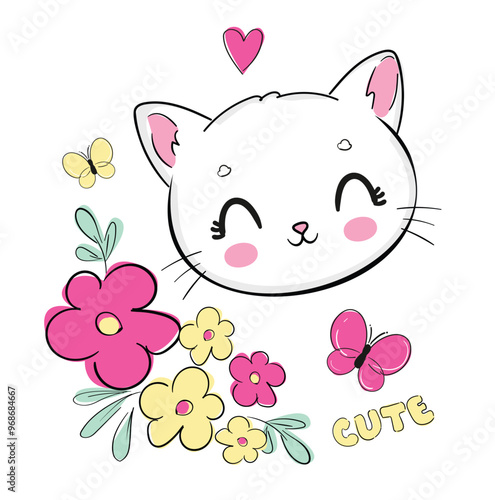 Hand Drawn Cute Cat and flowers vector Sketch, Print Design, children print on t-shirt.