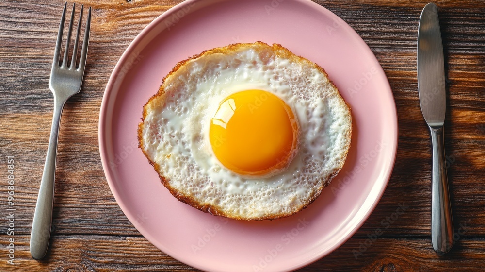 A quirky depiction of a fried egg yolk resting on a pink plate, set against a wood backdrop, perfect for a Halloween theme A quirky depiction of a fried egg yolk resting on a pink plate, set against a wood backdrop, perfect for a Halloween theme