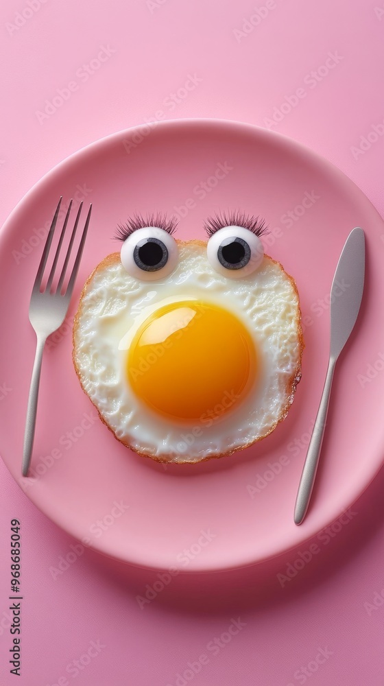 A whimsical fried egg with a bright yolk and eyes is presented on a pink plate. Fork and knife accompany this playful dish, perfect for Halloween festivities A whimsical fried egg with a bright yolk and eyes is presented on a pink plate. Fork and knife accompany this playful dish, perfect for Halloween festivities