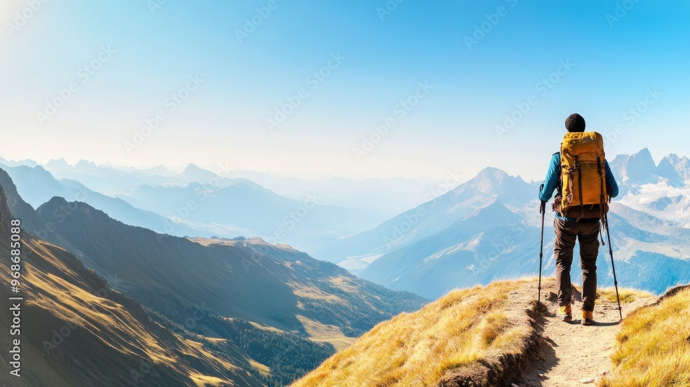 A hiker exploring breathtaking mountain scenery on a clear day, showcasing nature's beauty and adventure in the great outdoors. A hiker exploring breathtaking mountain scenery on a clear day, showcasing nature's beauty and adventure in the great outdoors.
