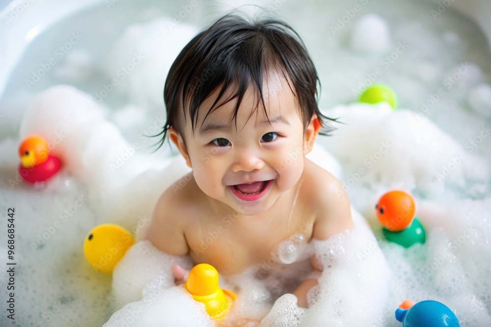 A baby Asian boy playing in a bathtub with her rubber duck and a sponge A baby Asian boy playing in a bathtub with her rubber duck and a sponge