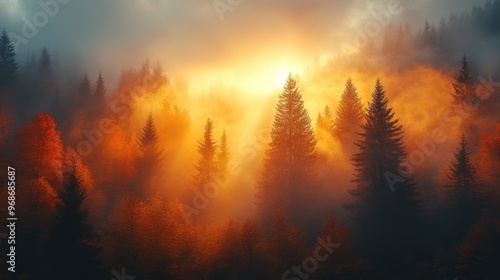 Sunbeams Through Foggy Forest