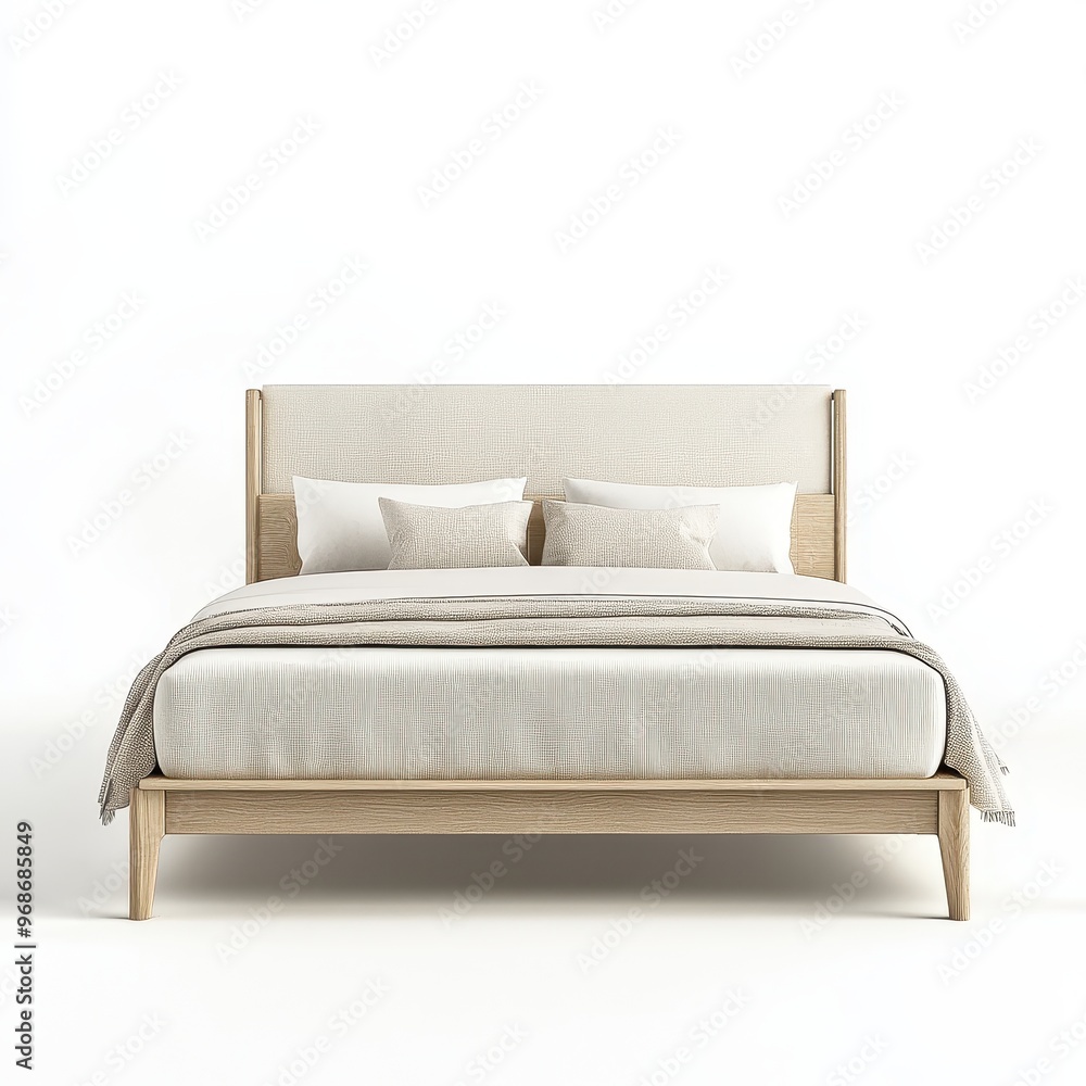 A modern wooden bed with soft pillows and a cozy blanket, designed for comfort and style. A modern wooden bed with soft pillows and a cozy blanket, designed for comfort and style.