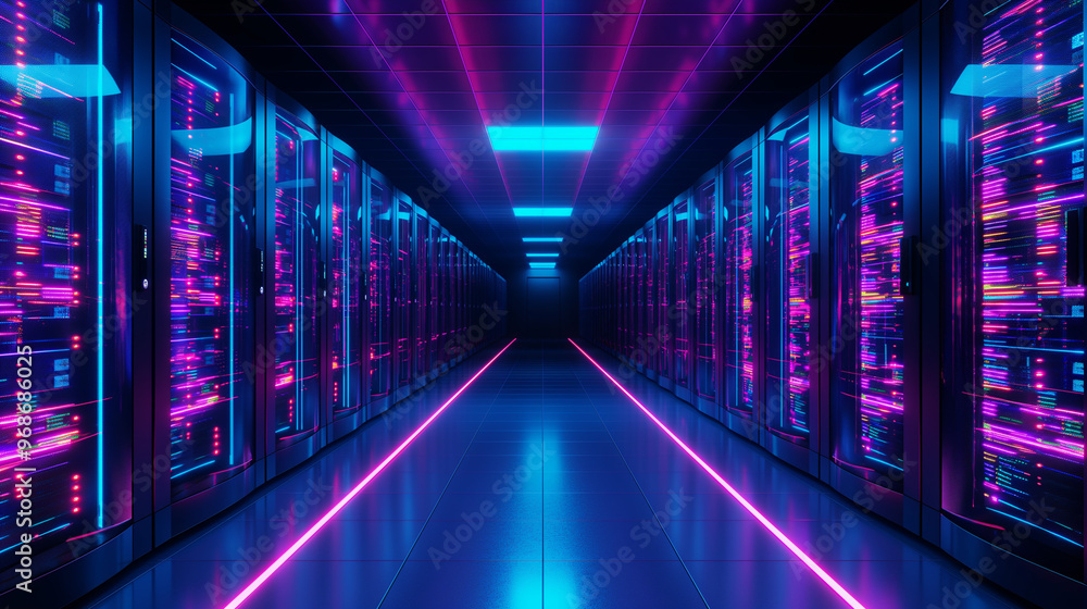 Futuristic interior of modern data centre, with rows of servers shining in a cool neon light. Cybersecurity concept Futuristic interior of modern data centre, with rows of servers shining in a cool neon light. Cybersecurity concept