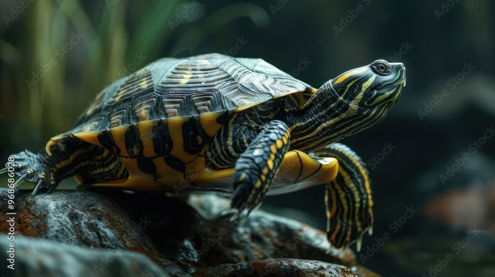 Close-up of a vibrant green turtle swimming near rocks underwater with clear water and aquatic plant Close-up of a vibrant green turtle swimming near rocks underwater with clear water and aquatic plant