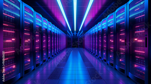 Futuristic interior of modern data centre, with rows of servers shining in a cool neon light. Cybersecurity concept