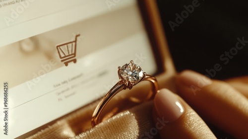 A close-up of a diamond engagement ring in a rose gold setting, held by a woman with a soft focus on an online shopping cart icon in the background. photo