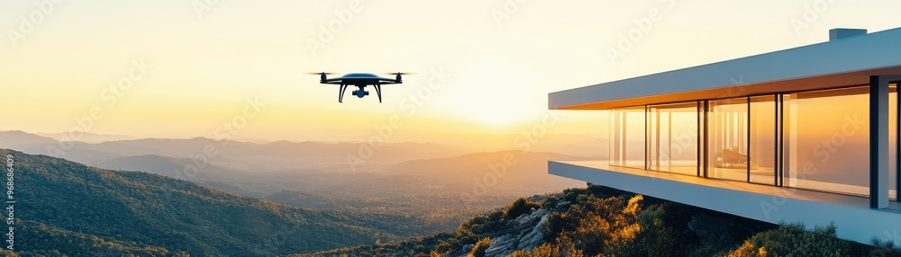A modern drone flying near a contemporary house, set against a stunning sunset landscape. Perfect for technology and architecture themes. A modern drone flying near a contemporary house, set against a stunning sunset landscape. Perfect for technology and architecture themes.