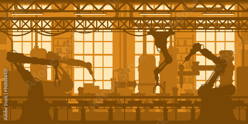 Robot conveyor, machinery industry factory vector background. Production line silhouette of conveyor belt and assembly machines. Automated manufacturing plant interior with equipment and robot arms