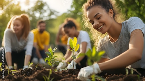 Diverse group planting tree...
