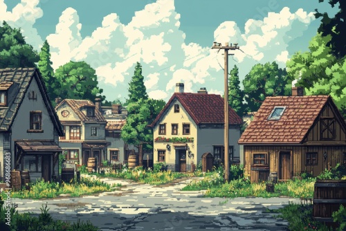 Pixelated Village: Retro RPG Overworld with 8-Bit Houses and Characters