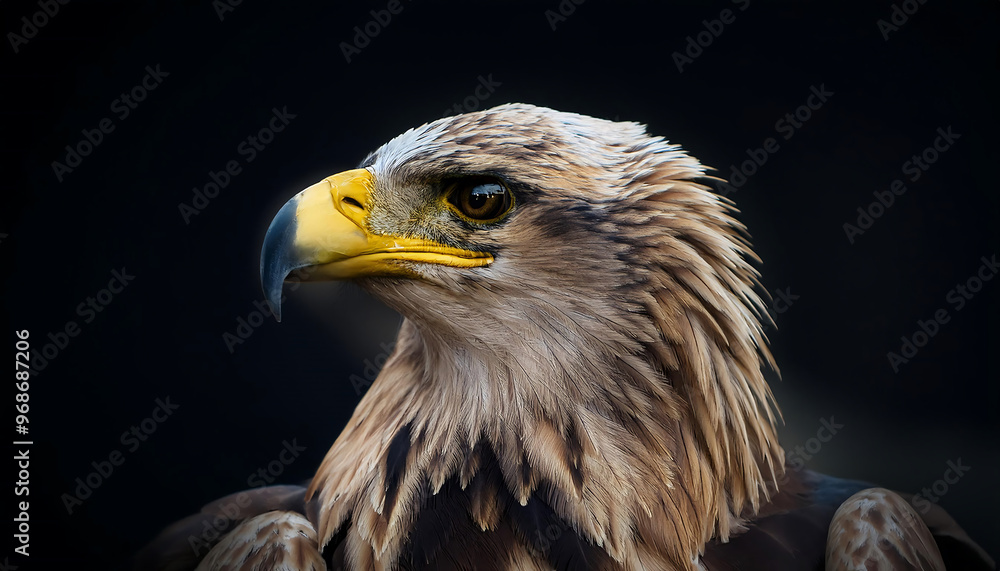 Obraz premium A majestic eagle with feathers is brown, providing a stark contrast against a dark background, highlighting its powerful presence.