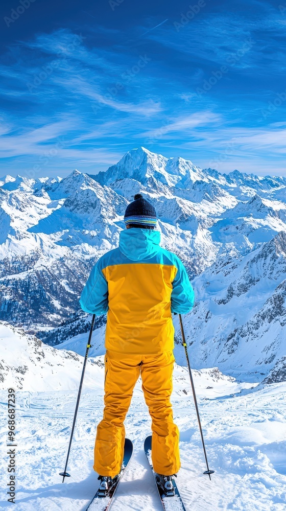 A skier enjoying breathtaking mountain views, dressed in vibrant ski attire, surrounded by snow-capped peaks and blue skies. A skier enjoying breathtaking mountain views, dressed in vibrant ski attire, surrounded by snow-capped peaks and blue skies.
