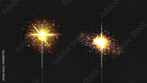 Bengal fire candle with sparkler firework light on dark transparent background. Realistic 3d vector illustration set of Christmas and birthday party stick with sparks and burning flash effect.