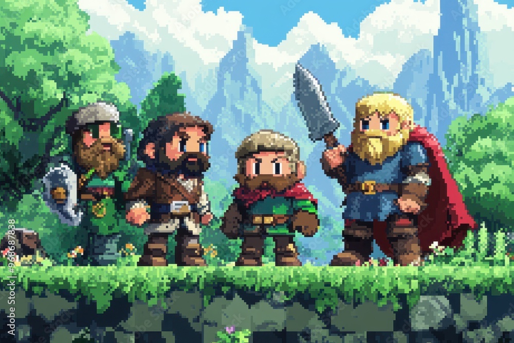 Pixelated 16-Bit Hero Leveling Up with Stat Increase Icons in Classic RPG Progression Style Pixelated 16-Bit Hero Leveling Up with Stat Increase Icons in Classic RPG Progression Style