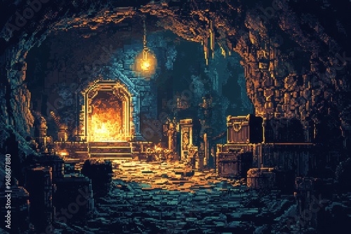 Retro Pixel Dungeon Adventure with Treasure Chests, Monsters, and Glowing Torches in 8-Bit RPG Scene