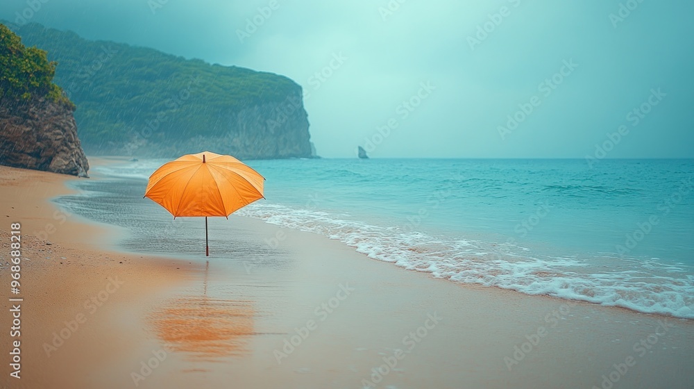 A serene beach scene featuring an orange umbrella by the water. A serene beach scene featuring an orange umbrella by the water.