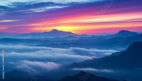 Dreamy sunset over misty mountains under a blue and purple sky, creating a serene and tranquil landscape