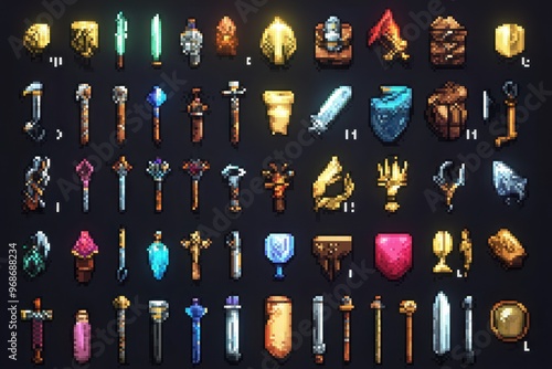 Wallpaper Mural Retro Pixelated Character Inventory Screen with Weapons, Armor, and Potions in 8-Bit RPG Style Item Management Torontodigital.ca