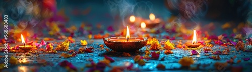 Diwali oil lamps glowing, traditional Hindu Festival of Lights, diya lighting ceremony, colorful and vibrant cultural decorations, festive atmosphere, rich textures, high-quality stock photo photo