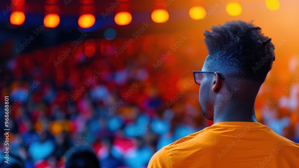 A stylish individual stands before a vibrant crowd, showcasing enthusiasm and anticipation at a lively event. A stylish individual stands before a vibrant crowd, showcasing enthusiasm and anticipation at a lively event.