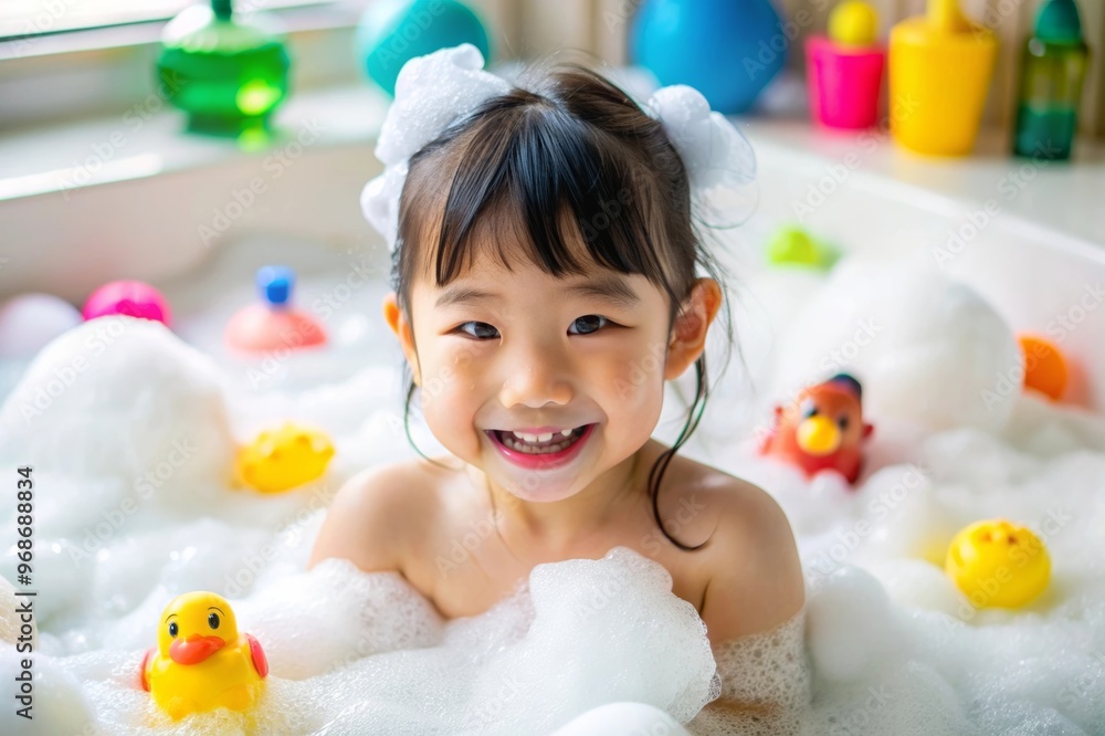 A baby Asian girl playing in a bathtub with her rubber duck and a sponge A baby Asian girl playing in a bathtub with her rubber duck and a sponge