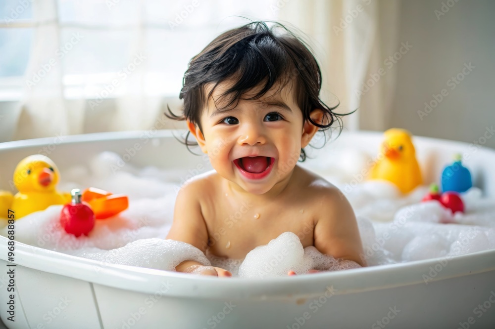 A baby Asian boy playing in a bathtub with her rubber duck and a sponge A baby Asian boy playing in a bathtub with her rubber duck and a sponge