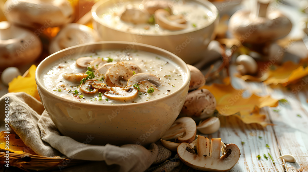 Mushroom cream soup in white bowl with bread on the table, mushroom cream soup, white bowl, bread, soup, cream soup, mushroom soup, food Mushroom cream soup in white bowl with bread on the table, mushroom cream soup, white bowl, bread, soup, cream soup, mushroom soup, food