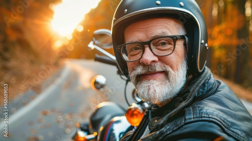 An older man in a black leather jacket and glasses rides a motorcycle on an empty road. AI.