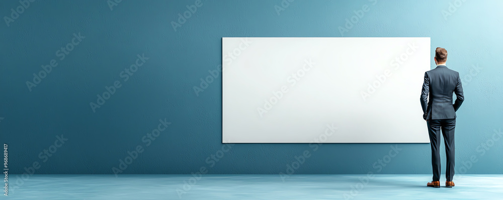 A businessman stands thoughtfully in front of a blank canvas, ready to convey ideas and creativity in a modern workspace. A businessman stands thoughtfully in front of a blank canvas, ready to convey ideas and creativity in a modern workspace.