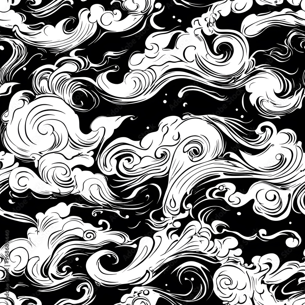 Fototapeta premium Chinese-inspired doodle tile seamless patterns in an illustrator graphic style