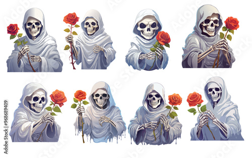 vintage type Halloween  Skeleton Ghost holding a rose, reaistic graphics on white background photo