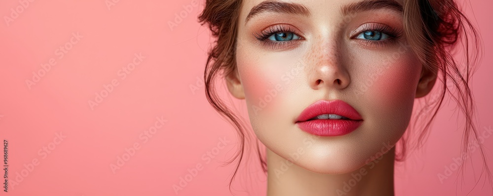Elegant makeup touch-up, sophisticated image, radiant and polished look soft pastel color background with clean copyspace Elegant makeup touch-up, sophisticated image, radiant and polished look soft pastel color background with clean copyspace