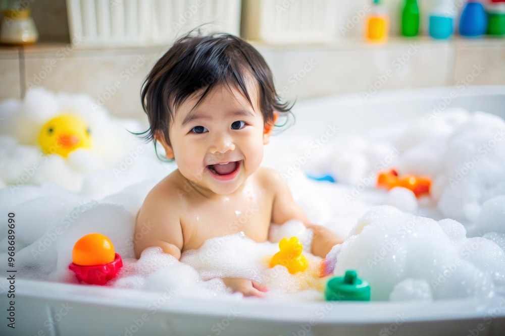 A baby Asian boy playing in a bathtub with her rubber duck and a sponge A baby Asian boy playing in a bathtub with her rubber duck and a sponge