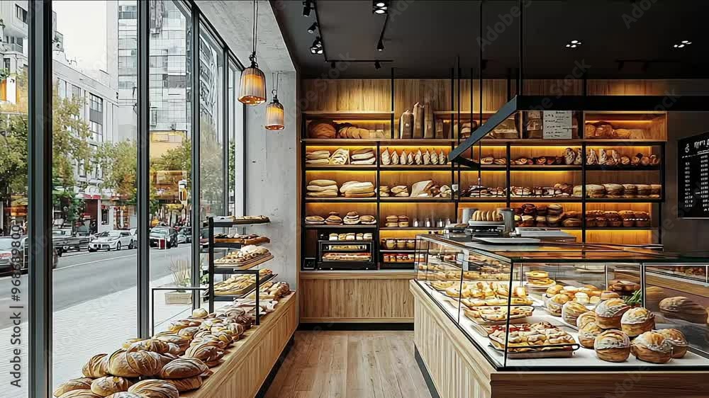 Bakery and Pastry Shop Interior with Fresh Dessert Display and Tempting Treats Bakery and Pastry Shop Interior with Fresh Dessert Display and Tempting Treats