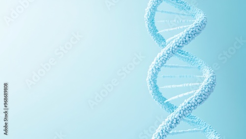 A bright particulate 3D rendered DNA on a blue bokeh background.