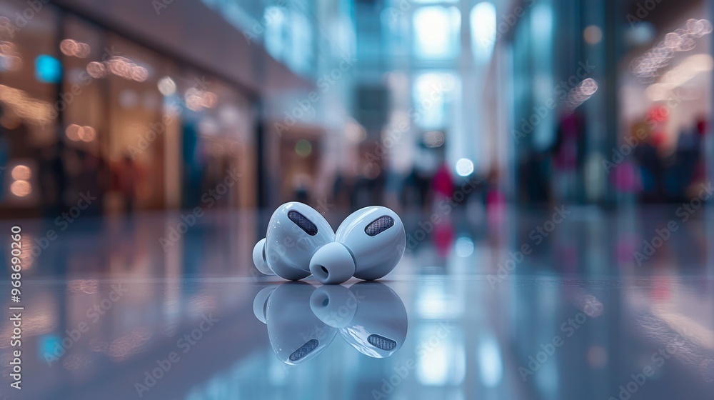 Wireless Earbuds on Shiny Floor in Shopping Mall Wireless Earbuds on Shiny Floor in Shopping Mall