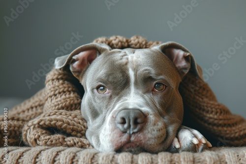 A dog resting its head on a blanket. AI.