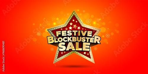 Festive Blockbuster sale offer logo design on cracker sparkle red background.