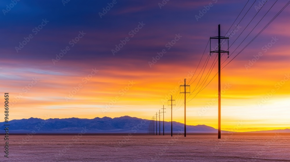 Obraz premium A stunning sunset landscape with power lines stretching across the horizon, showcasing vibrant colors and distant mountains.