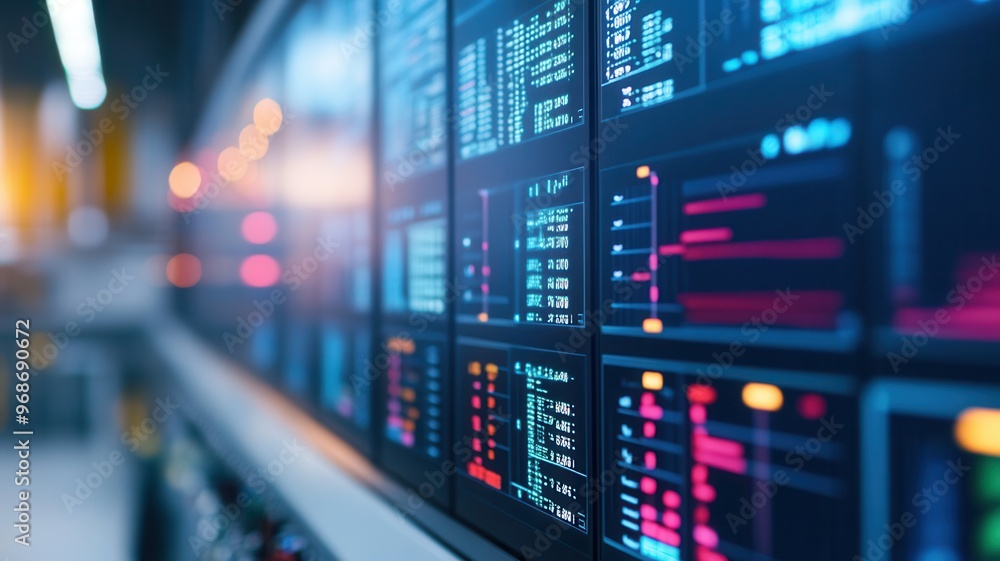 Close-up of a modern data screen displaying analytics, graphs, and statistics highlighting digital technology in action. Close-up of a modern data screen displaying analytics, graphs, and statistics highlighting digital technology in action.