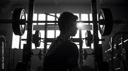 Silhouette of a person lifting weights in a gym setting with industrial equipment